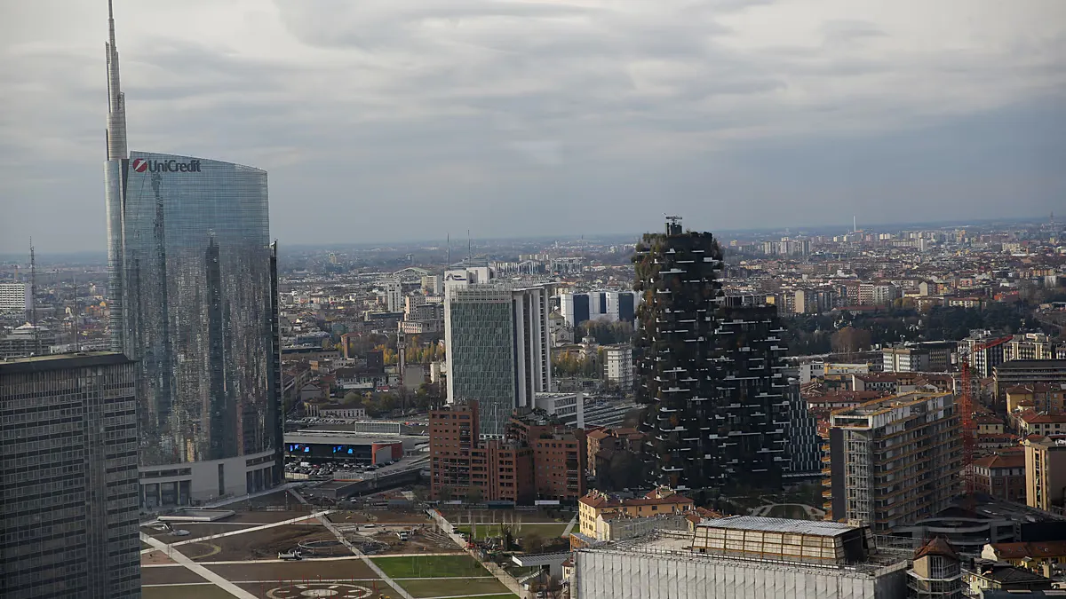 Exterior of a bank office building in a European financial district