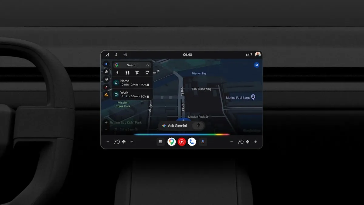 Vehicle infotainment display with navigation and voice assistant controls