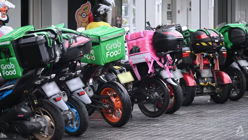 Illustration of food delivery bags and scooters on an urban street