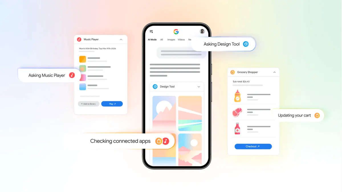 Illustration of app icons connected to an AI assistant interface