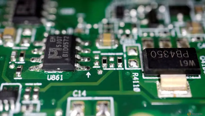 Illustration of a processor chip alongside data center server racks