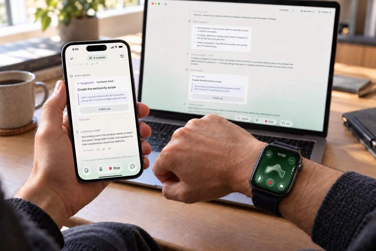 Smartphone, laptop and smartwatch displaying generic assistant interfaces